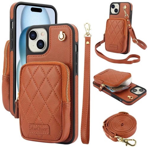Funda para Teléfono Awquer iPhone 15 Plus Piel de Lichi Cremallera Cartera Cruzada (Marrón)