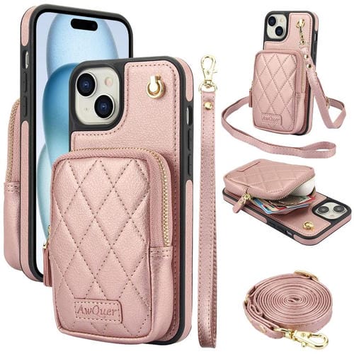 Funda para Teléfono Awquer iPhone 15 Piel de Lichi Cremallera Cartera Cruzada (Oro Rosa)