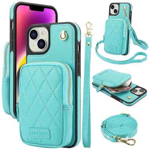 Funda para iPhone 14 Plus Awquer Crossbody Zipper Wallet Bag Litchi Leather Phone Case (Verde Menta)