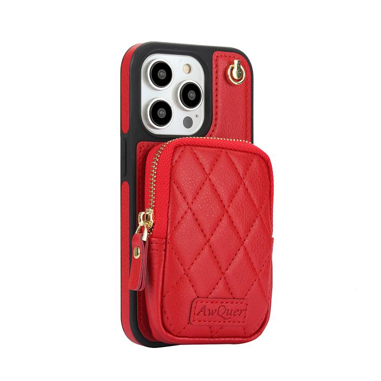 Funda de Teléfono Awquer Crossbody Zipper Wallet Bag para iPhone 14 Pro Cuero Litchi (Rojo)