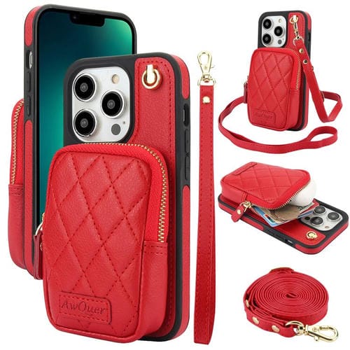 Funda de Teléfono Awquer Crossbody Wallet Bag para iPhone 13 Pro Max Cuero Litchi (Rojo)