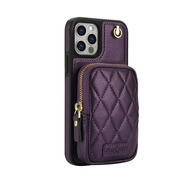 Funda para iPhone 12 Pro Max Awquer Cartera Cruzada con Cremallera Piel de Lichi (Morado Oscuro)