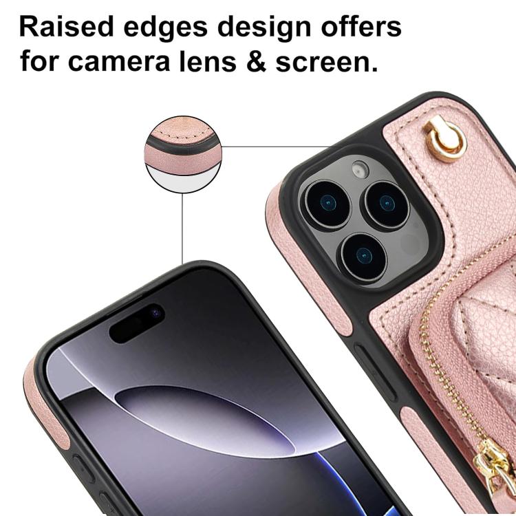 Cartera Cruzada Awquer para iPhone 11 Pro Max con Cremallera y Parte Trasera de Piel de Lichi (Oro Rosa)