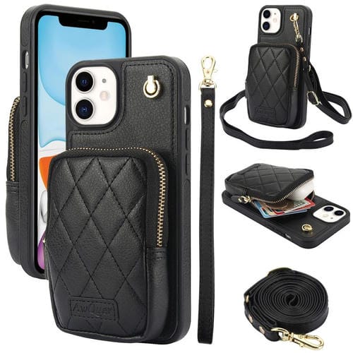 Funda para teléfono Awquer iPhone 11 Piel de Lichi Cremallera Cartera Cruzada (Negra)
