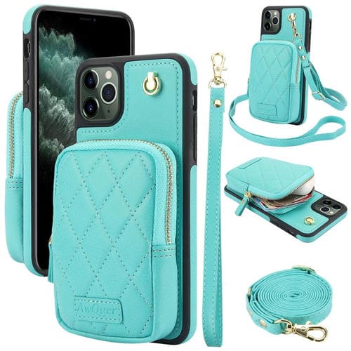 Funda para Teléfono Awquer iPhone 11 Pro Piel de Lichi Cremallera Cartera Cruzada (Verde Menta)