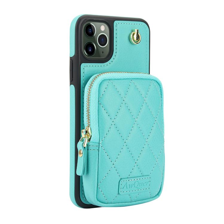 Funda para Teléfono Awquer iPhone 11 Pro Piel de Lichi Cremallera Cartera Cruzada (Verde Menta)