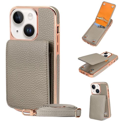 Funda para iPhone 15 Vietao Textura de Lichi Billetera Pu con Cordón (Gris)