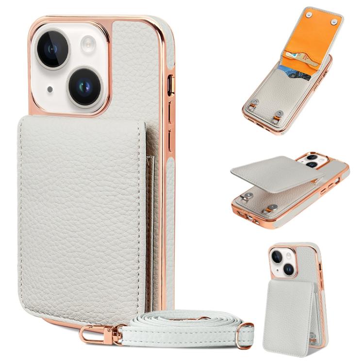 Funda de Teléfono Tipo Billetera Vietao Textura de Lichi Cordón de Pu para iPhone 14 (Blanco)