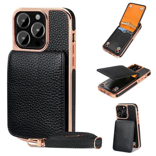 Funda de Teléfono Tipo Billetera Vietao Textura de Lichi Cordón de Pu para iPhone 14 Pro Max (Negro)
