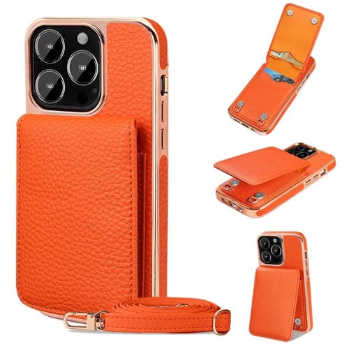 Funda de Teléfono Tipo Billetera Vietao Textura de Lichi Cordón de Pu para iPhone 13 Pro Max (Naranja)