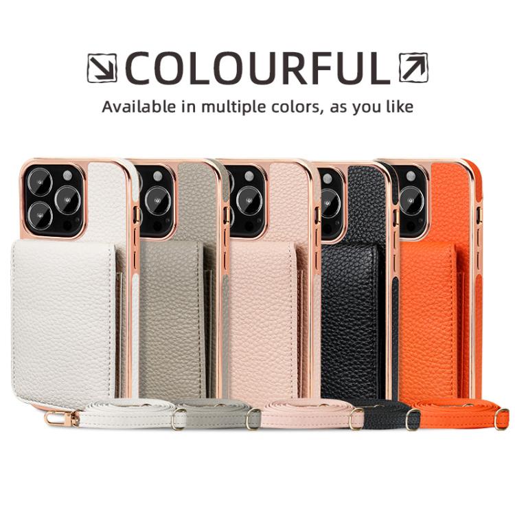 Funda de Teléfono Tipo Billetera Vietao Textura de Lichi Cordón de Pu para iPhone 14 Pro (Negra)