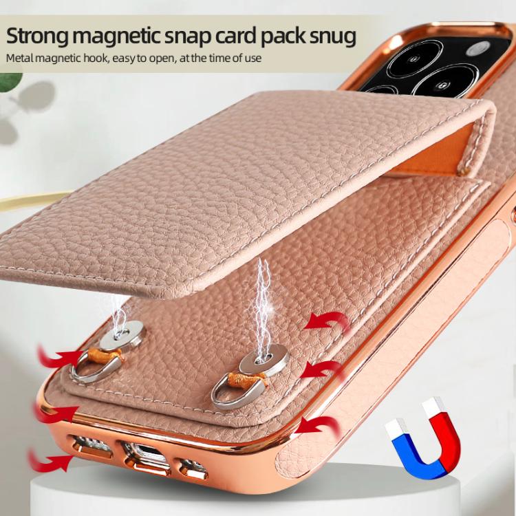 Funda de Teléfono Tipo Billetera Vietao Textura de Lichi Cordón de Pu para iPhone 14 Pro Max (Rosa)