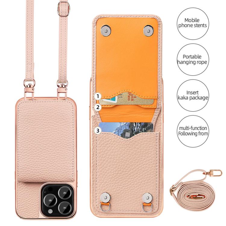 Funda de Teléfono Tipo Billetera Vietao Textura de Lichi con Cordón de Pu para iPhone 14 Pro Max (Gris)