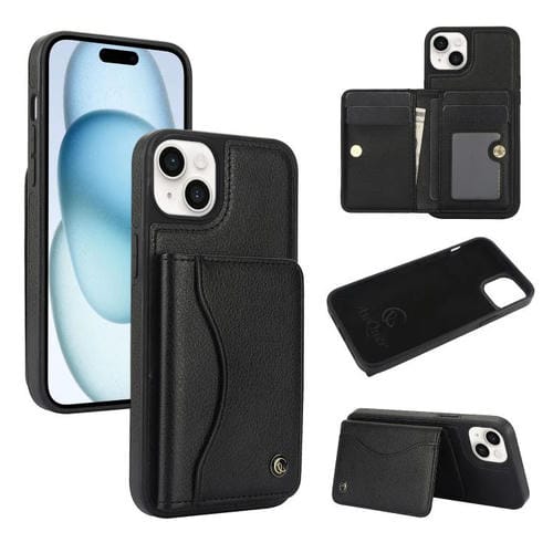 Funda de Cuero con Tapa Horizontal para iPhone 15 Awquer con Tarjetero (Negra)