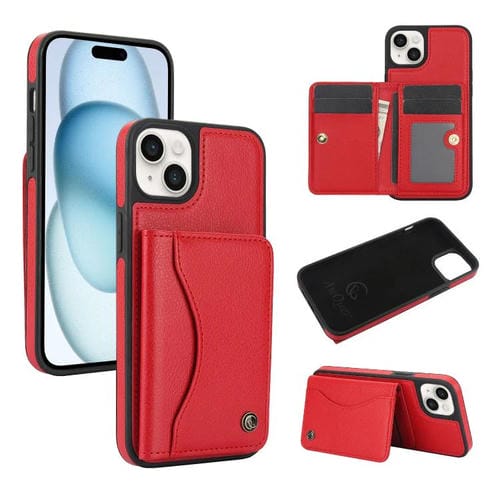 Funda de Cuero Awquer para iPhone 15 con Tapa Horizontal para Tarjetas y Soporte (Rojo)