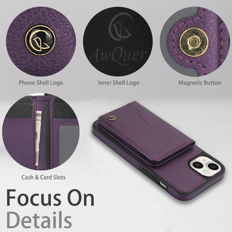 Funda de Cuero Awquer para iPhone 14/13 con Tapa Horizontal para Tarjetas y Soporte (Morado Oscuro)