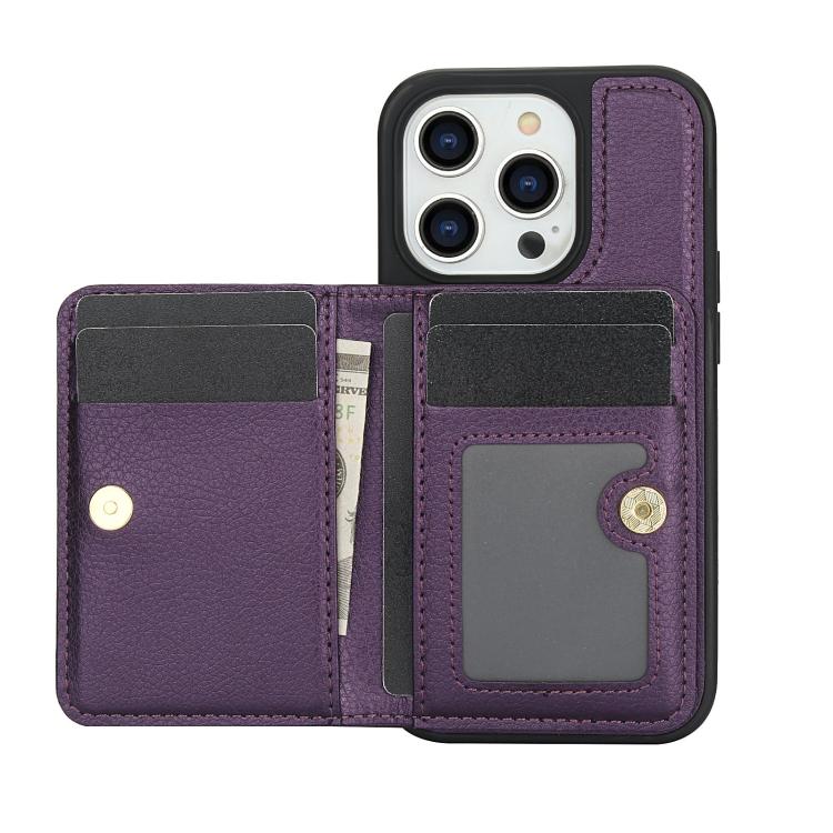 Funda de Cuero Awquer para iPhone 14 Pro con Tapa Horizontal para Tarjetas y Soporte (Morado Oscuro)