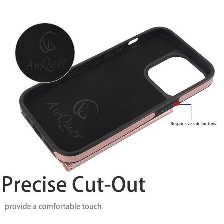 Funda Para iPhone 15 Pro Max Awquer Cuero Tapa Horizontal Tarjetas Soporte (Oro Rosa)