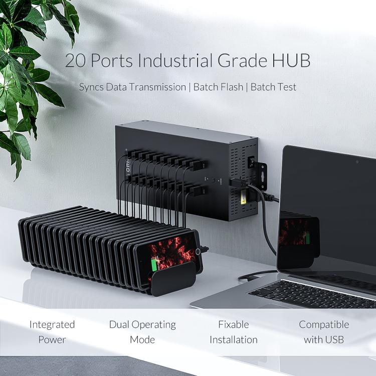 Concentrador USB 2.0 Orico Ih20P 20 Puertos Grado Industrial Enchufe de la UE (Negro)