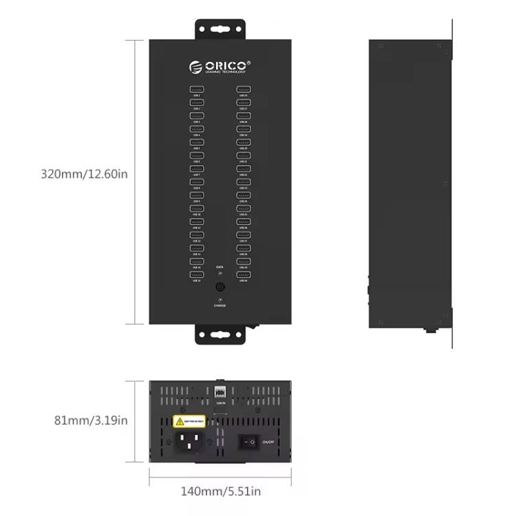 Concentrador USB 2.0 Orico IH30P de Grado Industrial de 30 Puertos con Enchufe Británico (Negro)