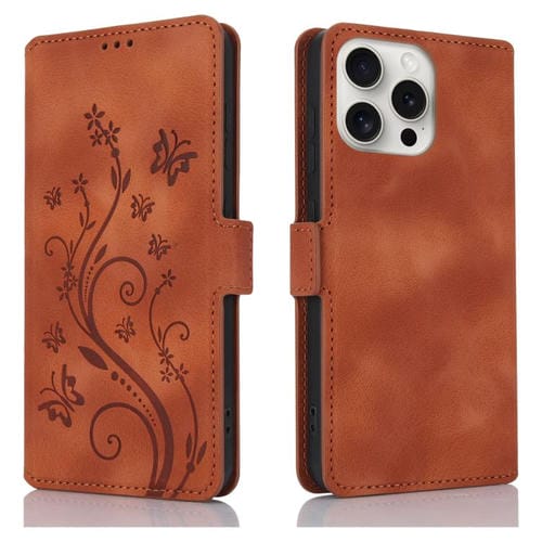 Funda de Cuero para iPhone 15 Pro con Relieve de Mariposa y Flor de Amor (Marrón)