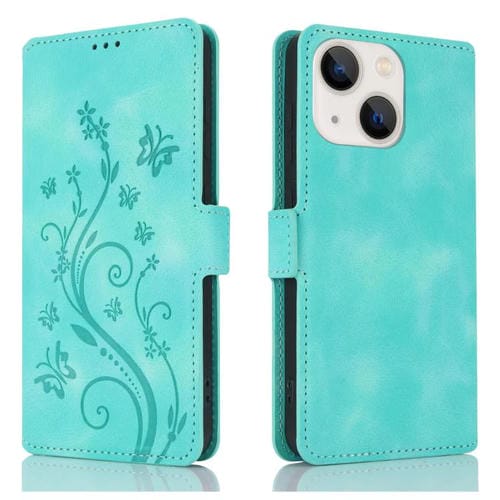 Funda de Cuero iPhone 14 Relieve Mariposa y Flor Amor Ensueño (Verde)