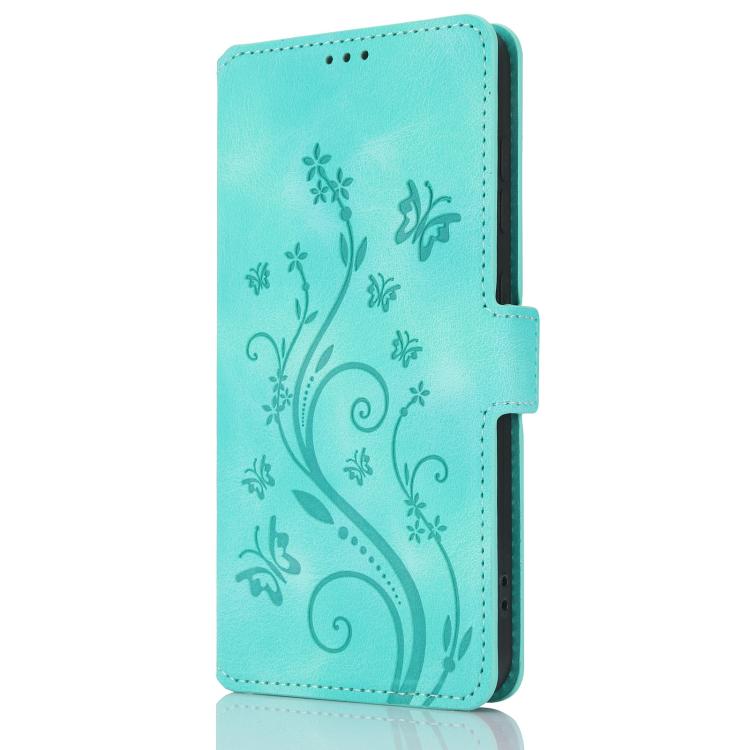 Funda de Cuero iPhone 14 Relieve Mariposa y Flor Amor Ensueño (Verde)