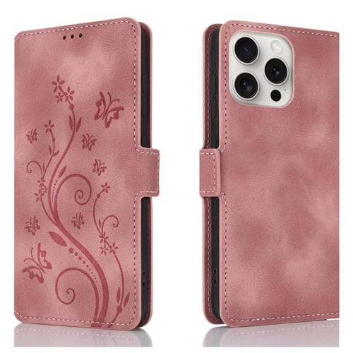 Funda de Cuero iPhone 12/12 Pro Relieve Mariposa y Flor Amor Ensueño (Oro Rosa)
