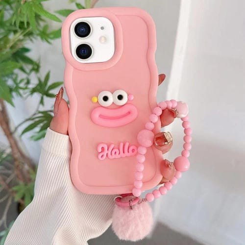 Funda TPU para iPhone 12 con Forma de Boca de Salchicha y Cadena de Cuentas (Rosa)