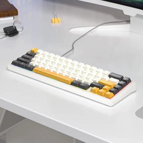 Teclado Mecánico Aula F65 de 67 Teclas con Conexión 2,4 G, Bluetooth y Cable, RGB Gaske (Eje Gris, Blanco, Amarillo y Azul)