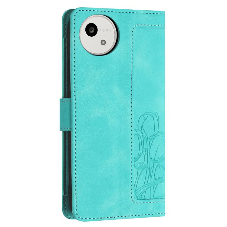 Funda de cuero con relieve de tulipanes y cordón para Sharp Aquos wish5 (verde)
