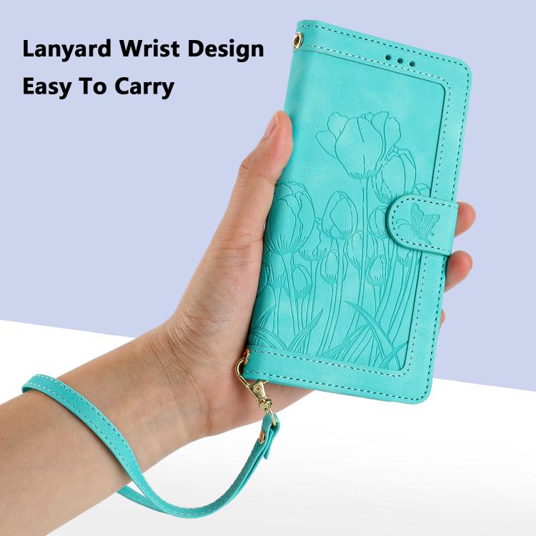 Funda de cuero con relieve de tulipanes y cordón para Sharp Aquos wish5 (verde)