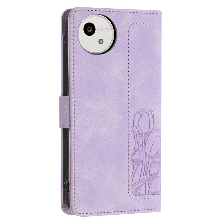 Funda de piel con relieve de tulipanes y cordón para Sharp Aquos wish5 (morado)