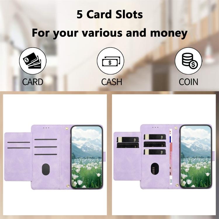 Funda de piel con relieve de tulipanes y cordón para Sharp Aquos wish5 (morado)
