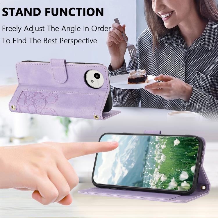 Funda de piel con relieve de tulipanes y cordón para Sharp Aquos wish5 (morado)