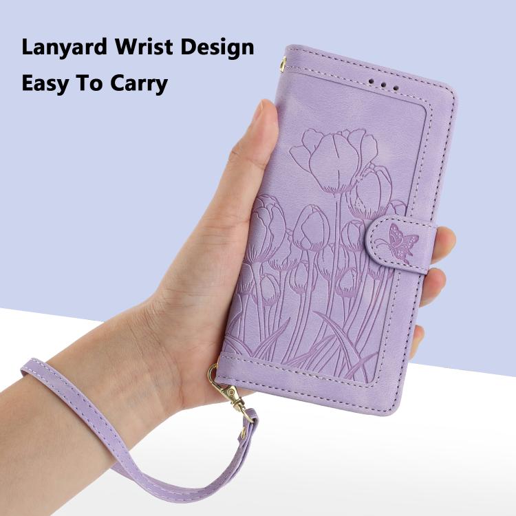 Funda de piel con relieve de tulipanes y cordón para Sharp Aquos wish5 (morado)