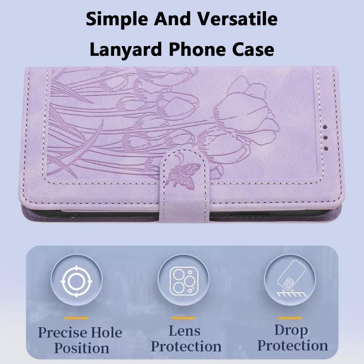Funda de piel con relieve de tulipanes y cordón para Sharp Aquos wish5 (morado)