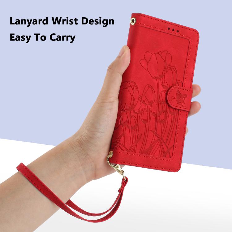 Funda de cuero con relieve de tulipanes y cordón para Sharp Aquos wish5 (roja)