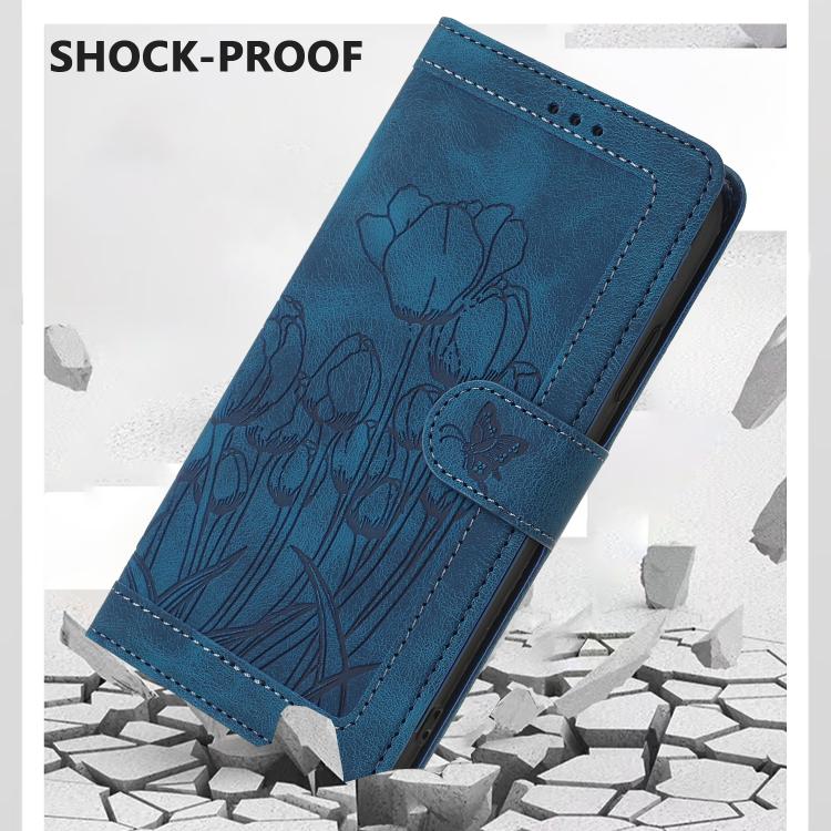 Funda de cuero con relieve de tulipanes y cordón para Sharp Aquos wish5 (azul)