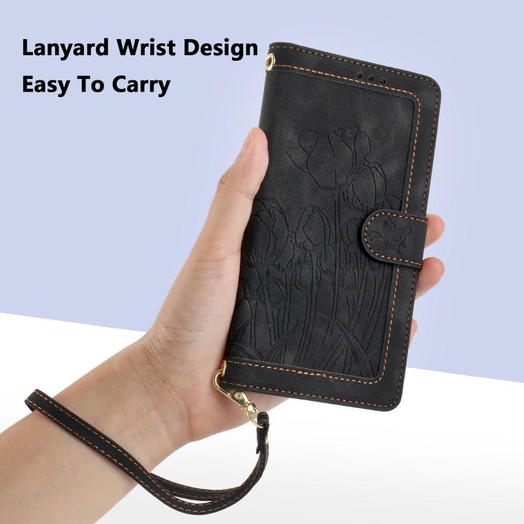 Funda de cuero con relieve de tulipanes y cordón para Sharp Aquos wish5 (negra)