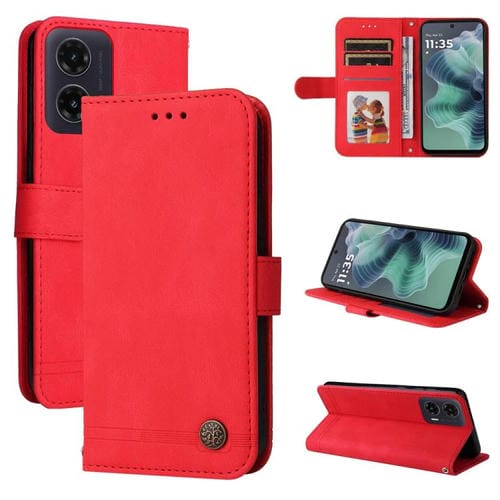 Funda de Cuero Motorola Moto G35 con Botones de Metal y Diseño Árbol de la Vida (Rojo)