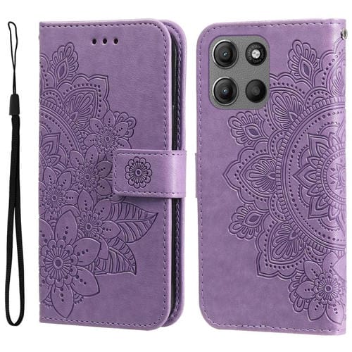 Funda de Cuero con Relieve Flores Siete Pétalos para Motorola Moto G15 y G15 Power (Morado Claro)