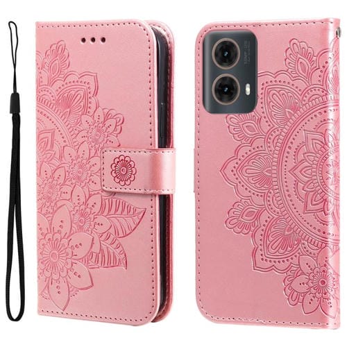 Funda de Cuero con Relieve Flores Siete Pétalos para Motorola Moto G85/S50 Neo (Oro Rosa)