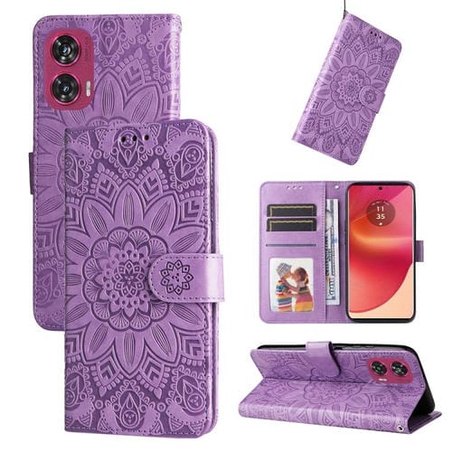Funda de Piel con Relieve de Girasol para Motorola Edge 50 Fusion (Morado)