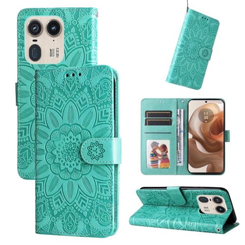 Funda de Piel con Relieve de Girasol para Motorola Edge 50 Ultra/X50 Ultra (Verde)