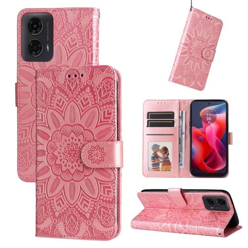 Funda de Piel Motorola Moto G04/G04S/G24/E14 con Diseño de Girasol en Relieve (Oro Rosa)