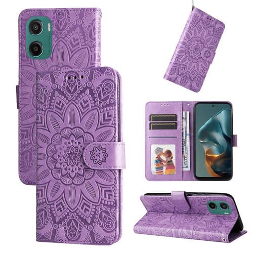 Funda de Piel Motorola Moto G05/E15 con Diseño de Girasol en Relieve (Morado)