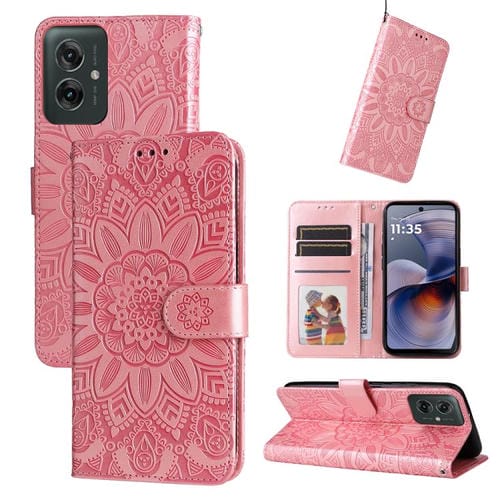 Funda de Piel Motorola Moto G55 con Diseño de Girasol en Relieve (Oro Rosa)