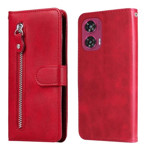 Funda de Piel con Textura de Becerro y Cremallera para Motorola Edge 50 Fusion (Rojo)