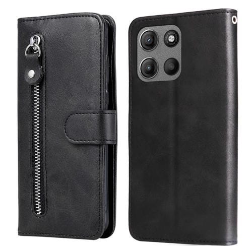 Funda de Piel con Cremallera y Textura de Becerro para Motorola Moto G15 y G15 Power (Negra)